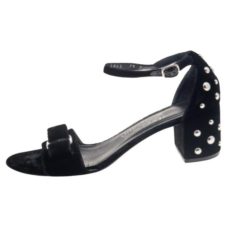 Salvatore Ferragamo Black Velvet Studded Block Heel Ankle Strap Sandals Size 38 For Sale