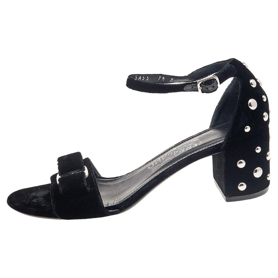 Salvatore Ferragamo Black Velvet Studded Block Heel Ankle Strap Sandals Size 38 For Sale