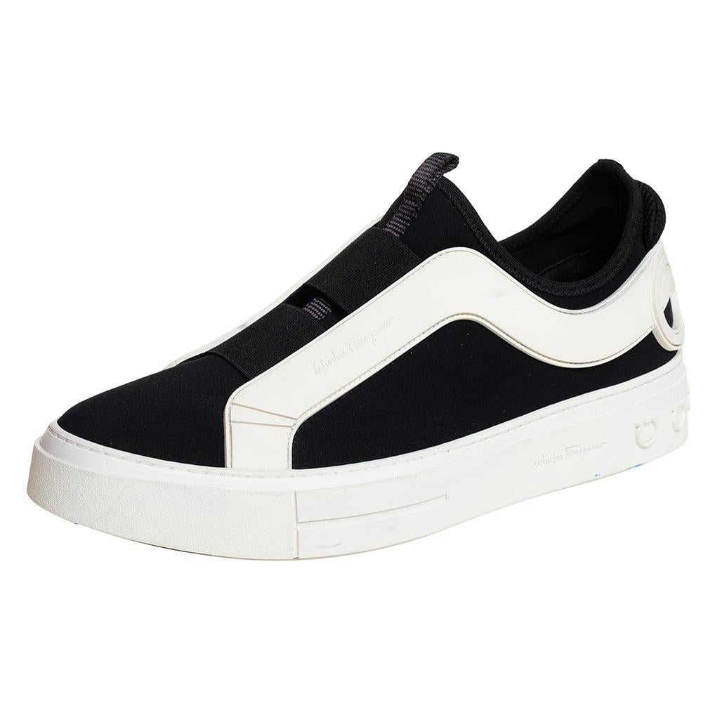 Salvatore Ferragamo Black/White Fabric And Rubber Answer Slip On Sneakers Size 4