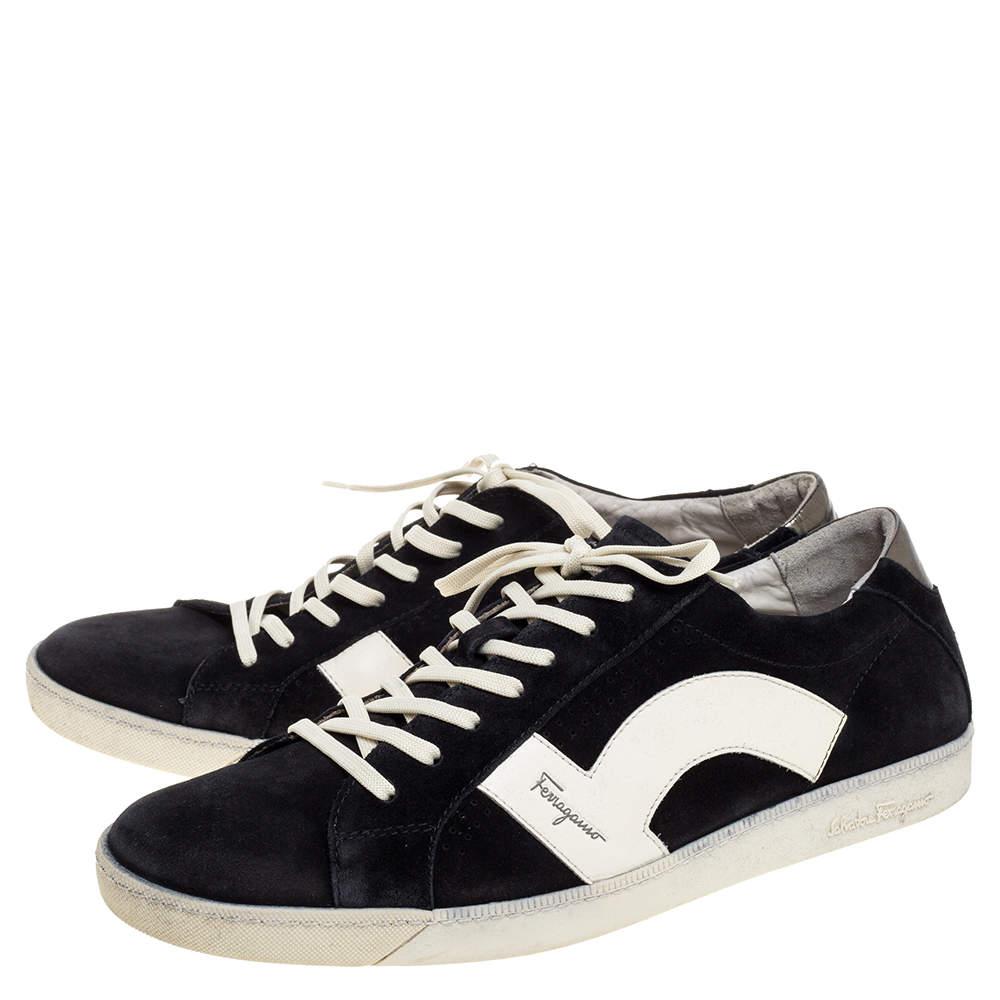 Men's Salvatore Ferragamo Black/White Leather and Suede Low Top Sneakers Size 45