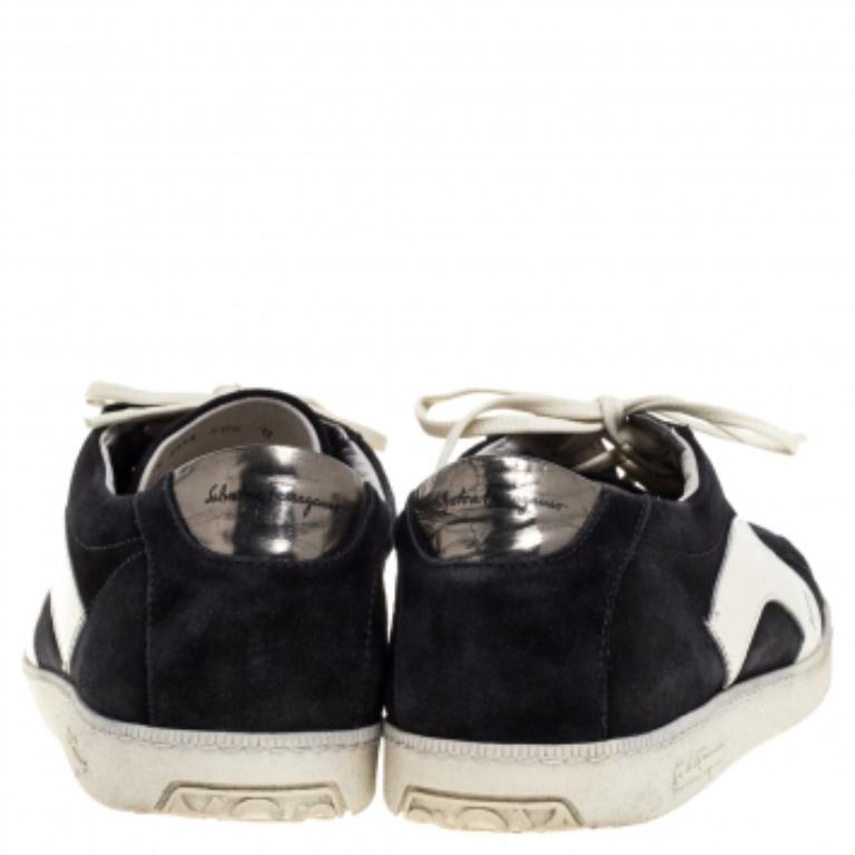 Men's Salvatore Ferragamo Black/White Leather and Suede Low Top Sneakers Size 45 For Sale