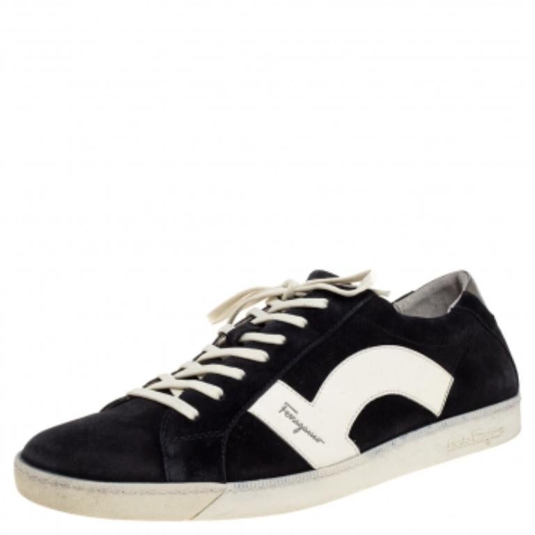 Salvatore Ferragamo Black/White Leather and Suede Low Top Sneakers Size 45 For Sale 3
