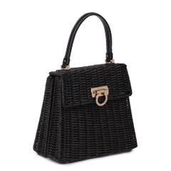 SALVATORE FERRAGAMO Black Wicker & Calfskin Leather Vintage Gancini