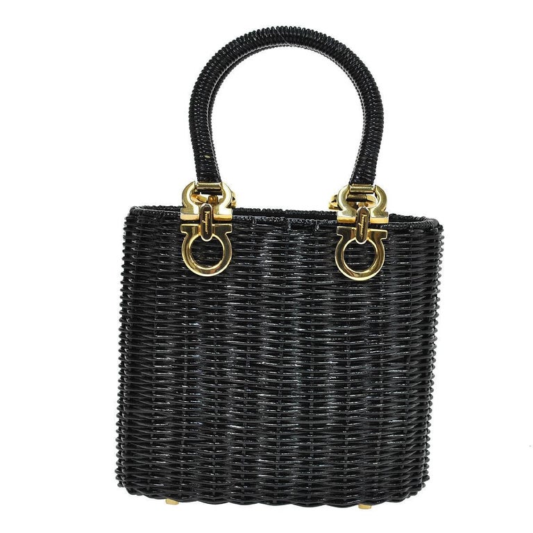 Salvatore Ferragamo Black Wicker Charm Evening Basket Top Handle Satchel Bag For Sale at 1stDibs