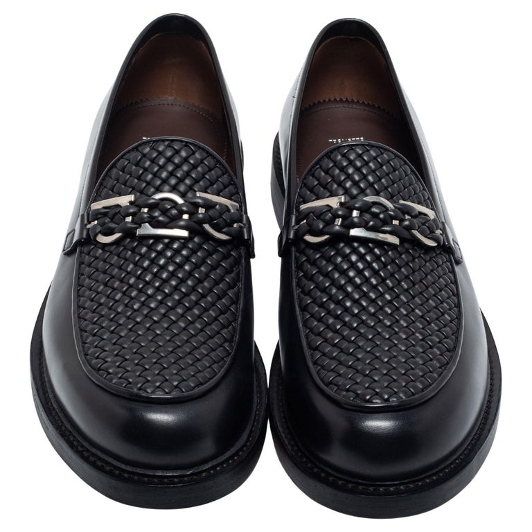 Salvatore Ferragamo Black Woven Leather Gancini Loafers Size 44 For Sale at  1stDibs