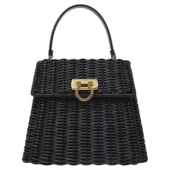 SALVATORE FERRAGAMO Black Woven Wicker Gold Top Handle Kelly Style Evening Bag
