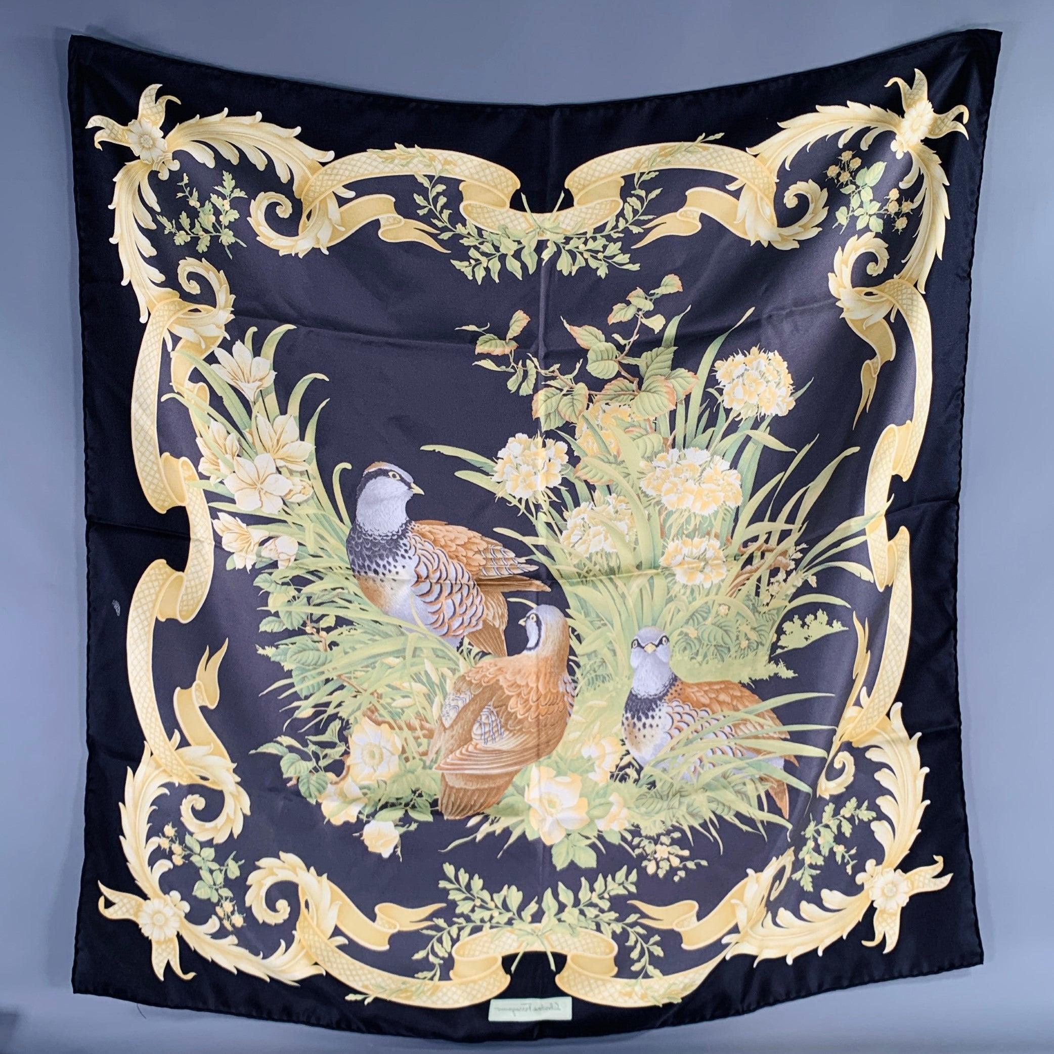 SALVATORE FERRAGAMO Black Yellow Green Birds Silk Scarf In Good Condition For Sale In San Francisco, CA