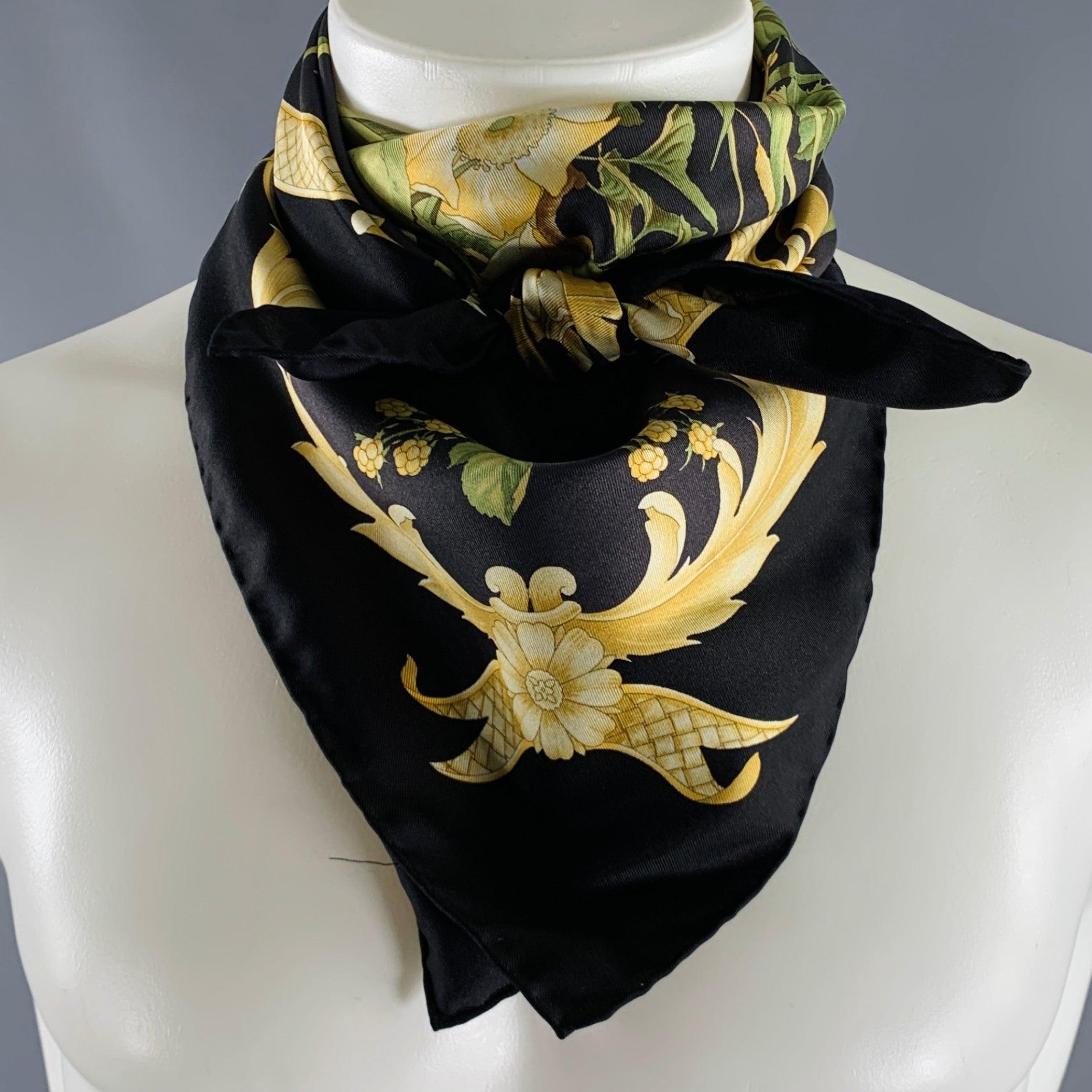 SALVATORE FERRAGAMO Black Yellow Green Birds Silk Scarf For Sale 1