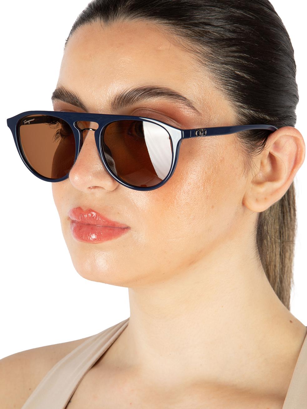 Salvatore Ferragamo Blue Aviator Amber Lens Sunglasses For Sale 4