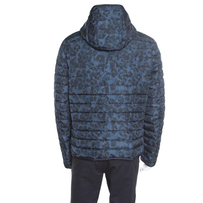 Black Salvatore Ferragamo Blue Camo Print Hooded Zip Front Quilted Down Jacket XL