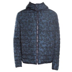 Salvatore Ferragamo Blue Camo Print Hooded Zip Front Quilted Down Jacket XL