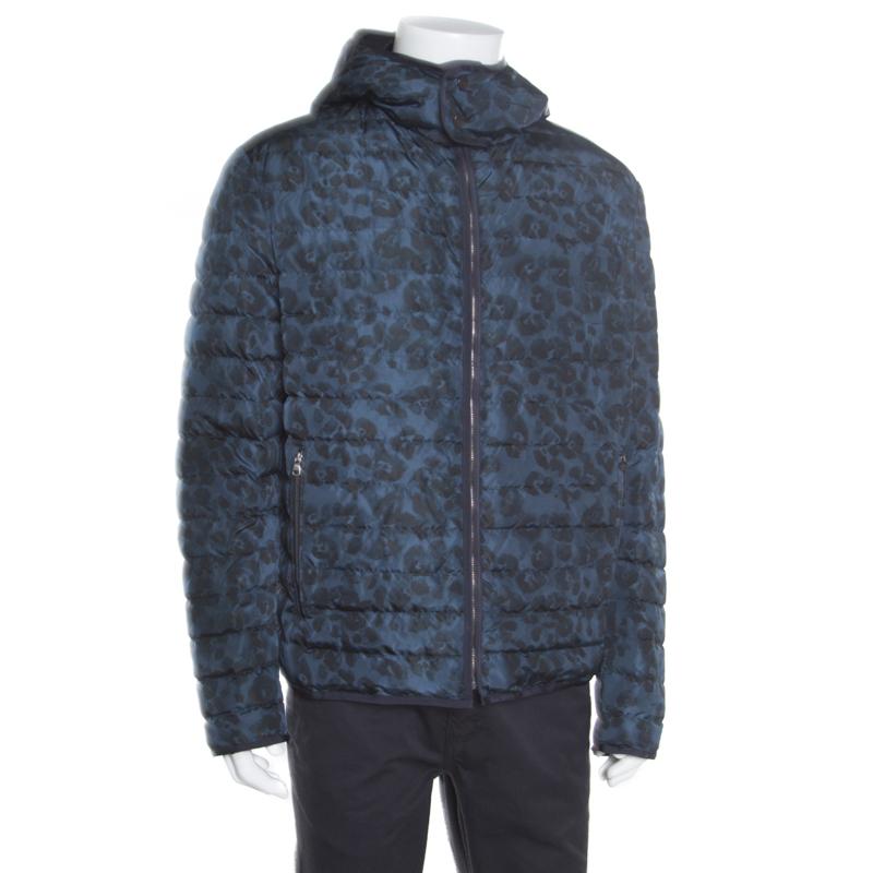 Black Salvatore Ferragamo Blue Camo Print Hooded Zip Front Quilted Down Jacket XXL