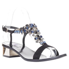SALVATORE FERRAGAMO blue crystal black suede low block heel tstrap sandals UK6.5