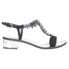 SALVATORE FERRAGAMO blue crystal black suede low block heel tstrap sandals UK6.5