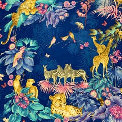 SALVATORE FERRAGAMO Blue & Lavender Print Silk Large Scarf