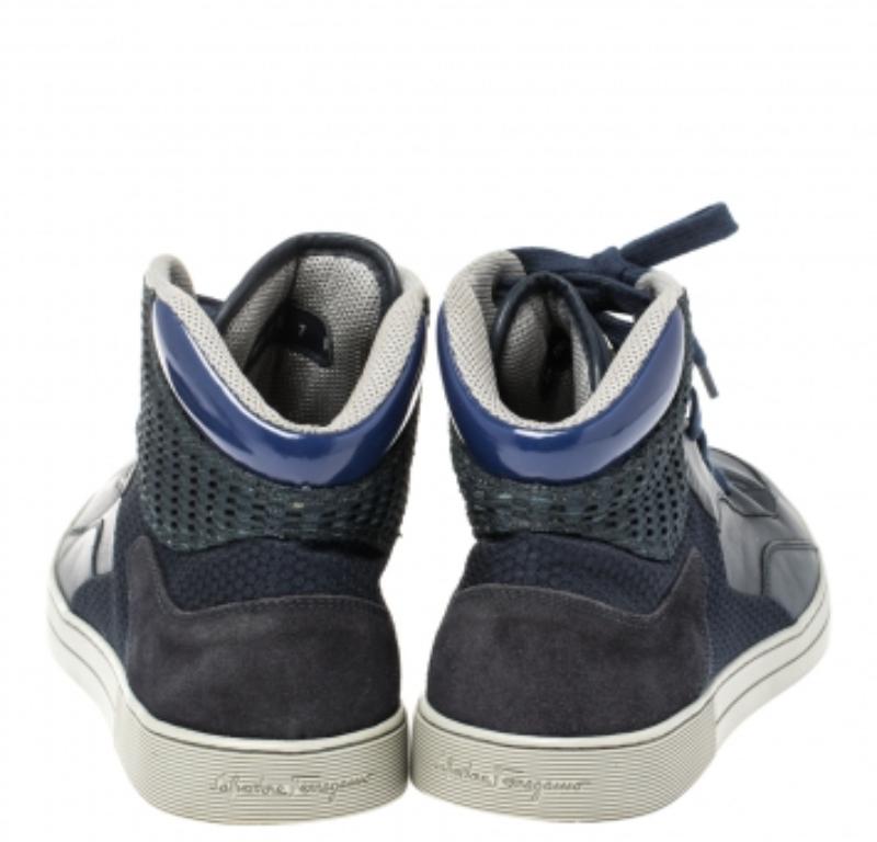 Salvatore Ferragamo Blue Leather and Mesh High Top Sneakers Size 41 État moyen - En vente à Dubai, Al Qouz 2