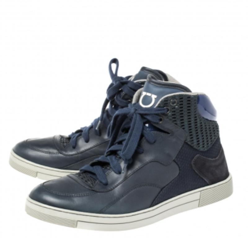 Salvatore Ferragamo Blue Leather and Mesh High Top Sneakers Size 41 Pour hommes en vente