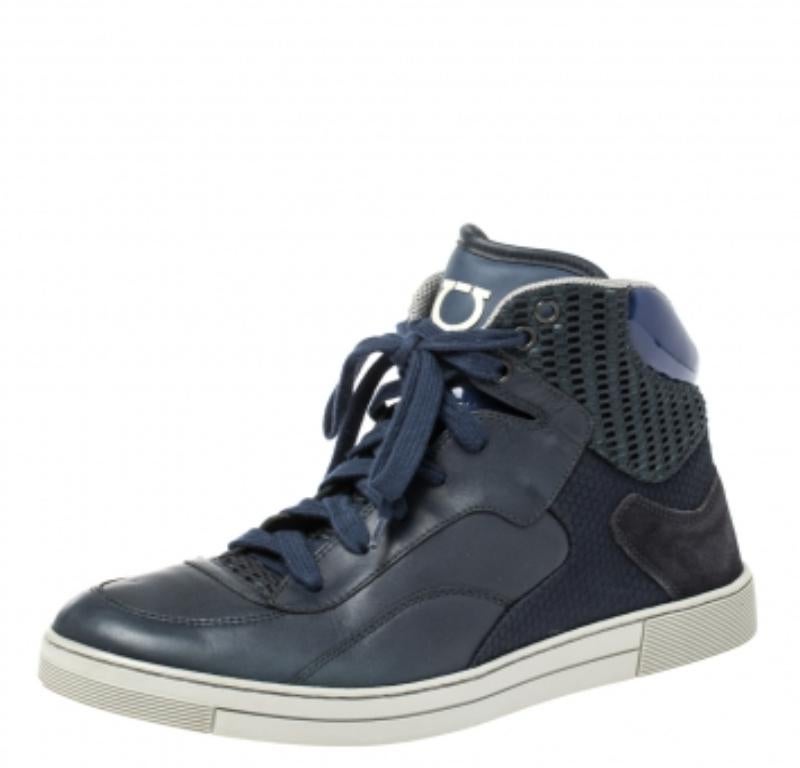 Salvatore Ferragamo Blue Leather and Mesh High Top Sneakers Size 41 en vente 1