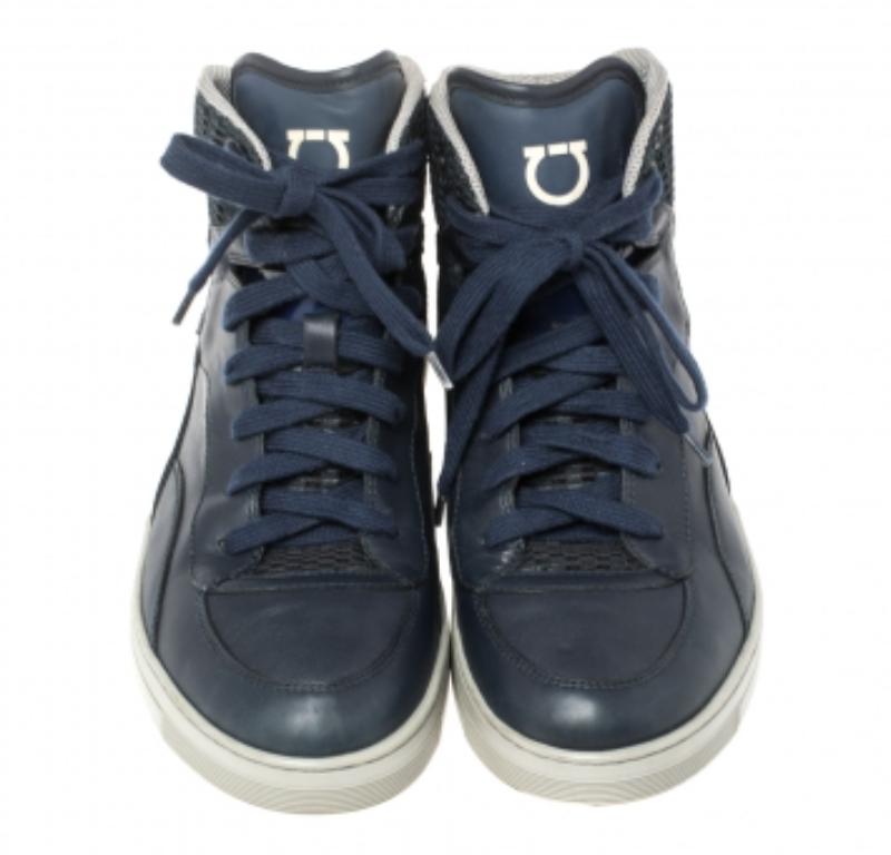 Salvatore Ferragamo Blue Leather and Mesh High Top Sneakers Size 41 en vente 2