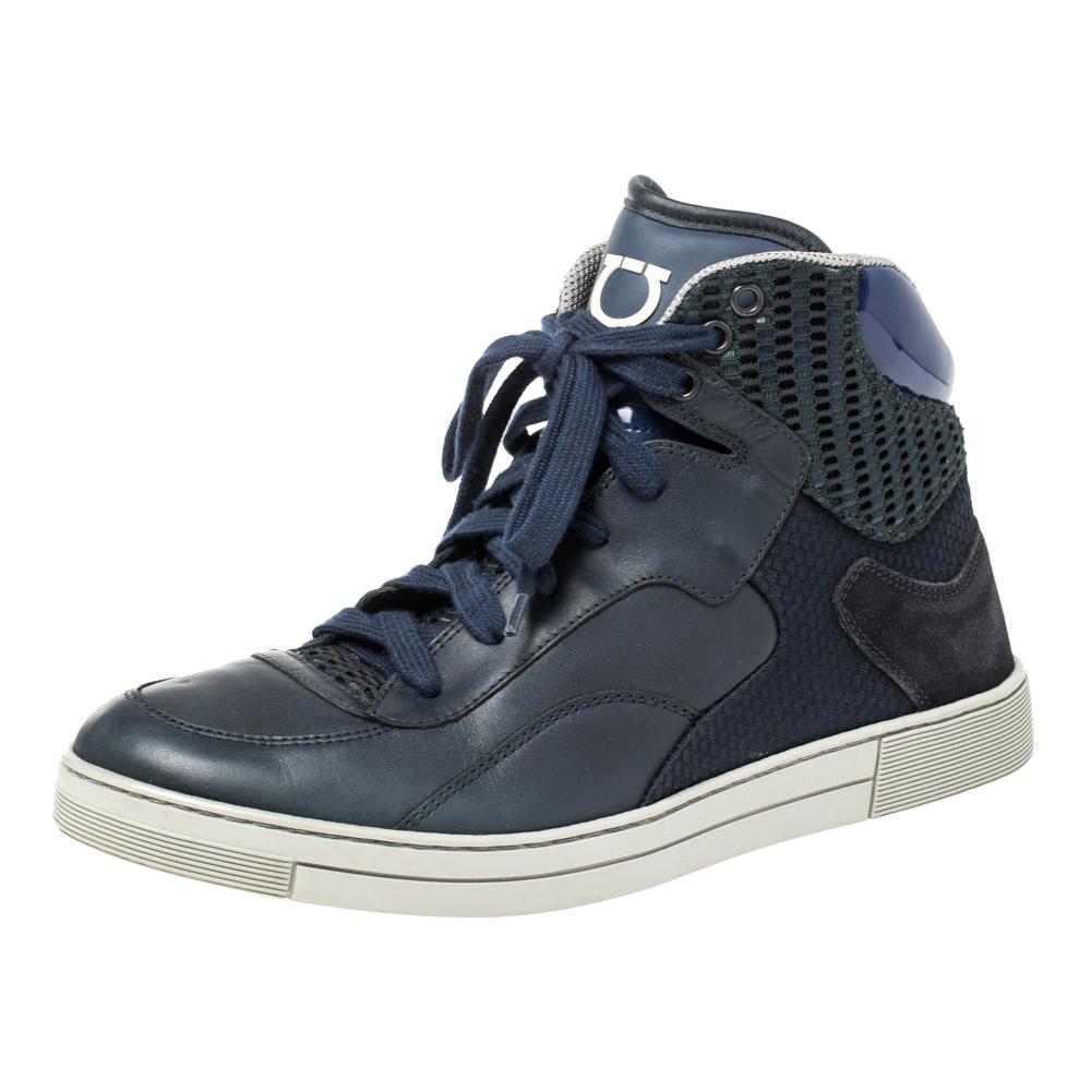 Salvatore Ferragamo Blue Leather and Mesh High Top Sneakers Size 41 For Sale