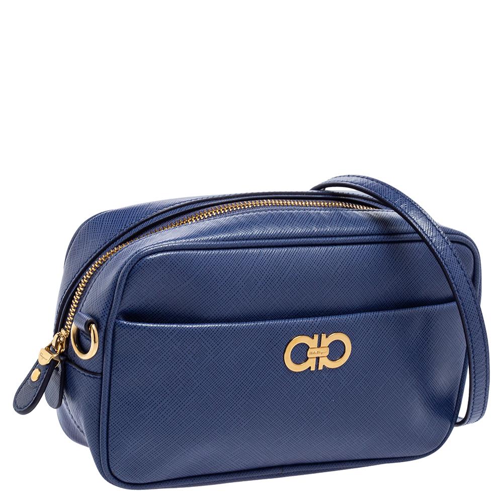 Salvatore Ferragamo Blue Leather Double Gancini Shoulder Bag In Good Condition In Dubai, Al Qouz 2