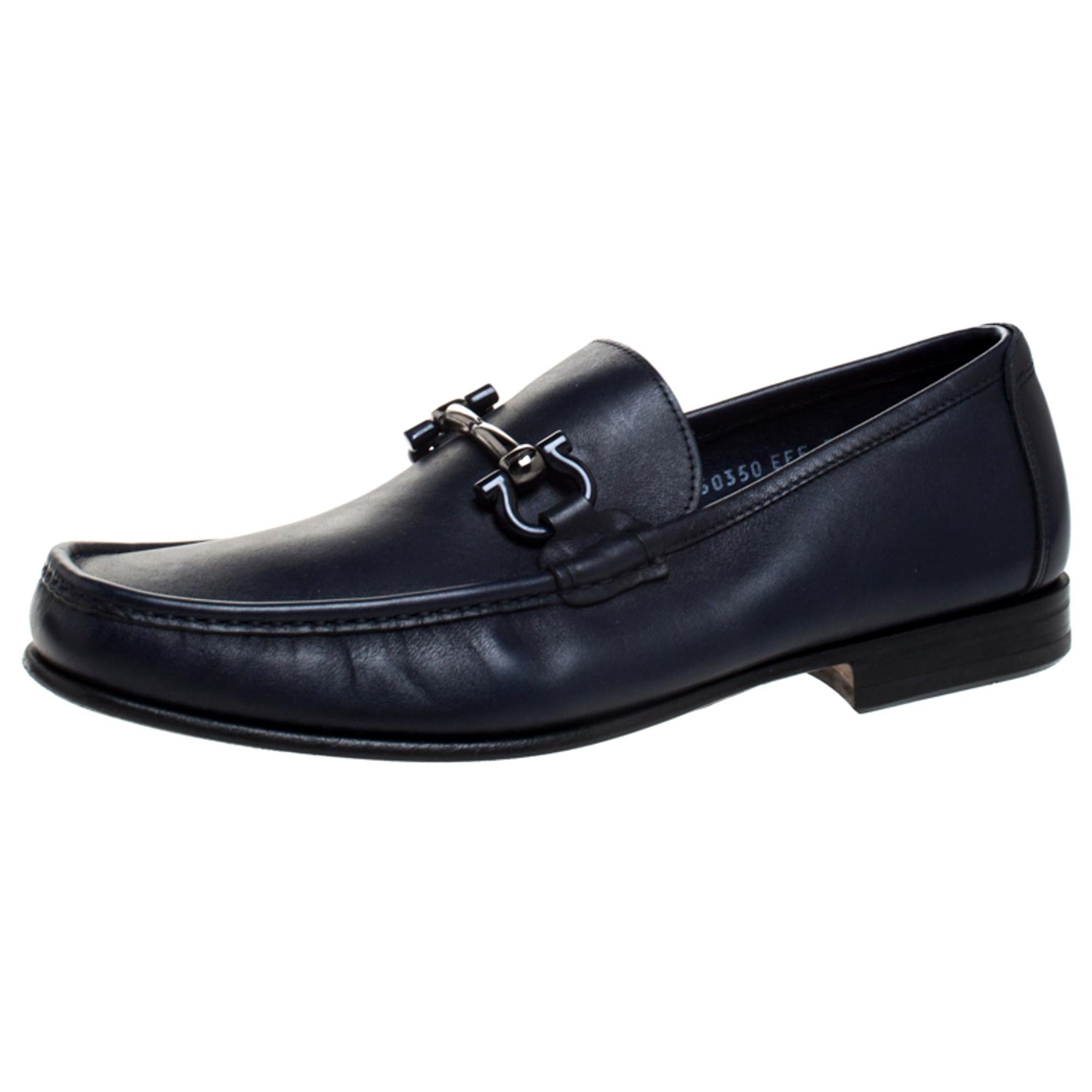 Salvatore Ferragamo Blue Leather Gancini Bit Loafers Size 41 For Sale at  1stDibs