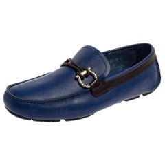Salvatore Ferragamo Blue Leather Gancini Bit Slip On Loafers Size 42