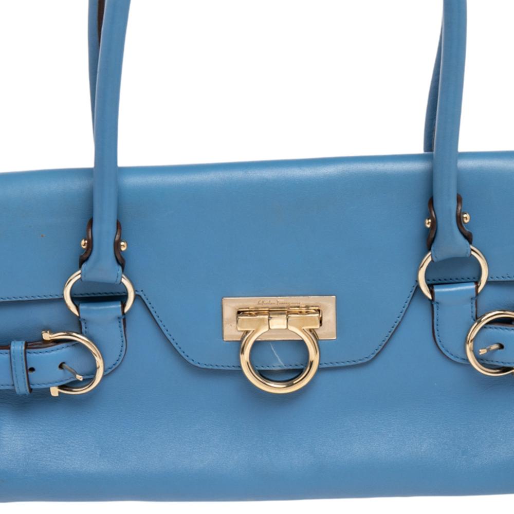 Salvatore Ferragamo Blue Leather Gancini Satchel For Sale 3
