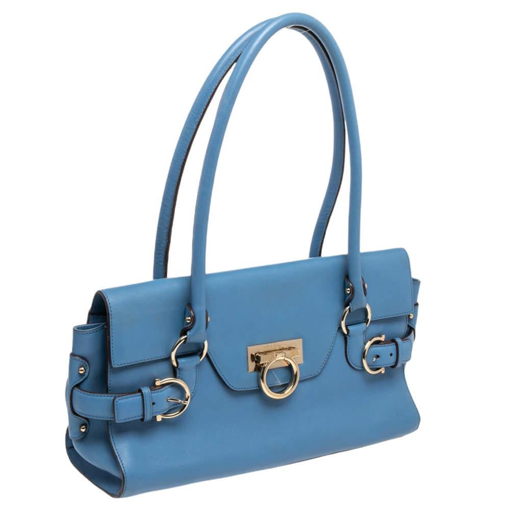 Women's Salvatore Ferragamo Blue Leather Gancini Satchel For Sale
