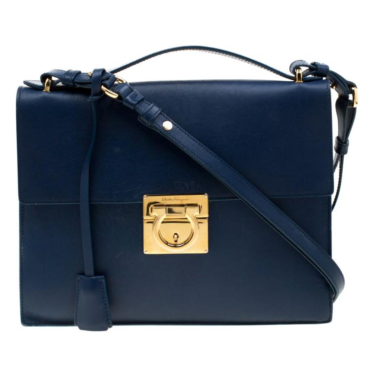 Salvatore Ferragamo Blue Leather Gancio Lock Shoulder Bag For Sale at ...