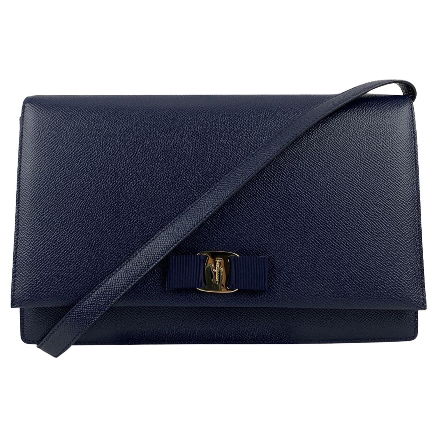 Salvatore Ferragamo Blue Leather Ginny O Bow Large Shoulder Bag