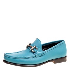 Salvatore Ferragamo Blue Leather Mason Gancio Bit Loafers Size 42