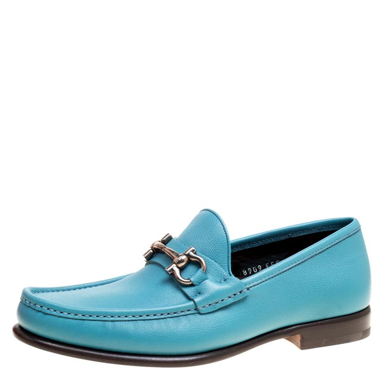 Salvatore Ferragamo Blue Leather Mason Gancio Bit Loafers Size 43.5