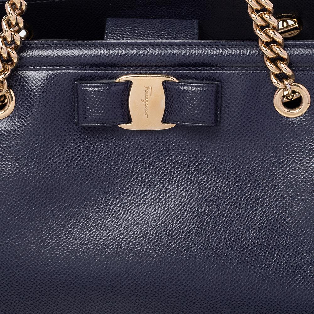 Salvatore Ferragamo Blue Leather Melike Vara Bow Chain Tote 5