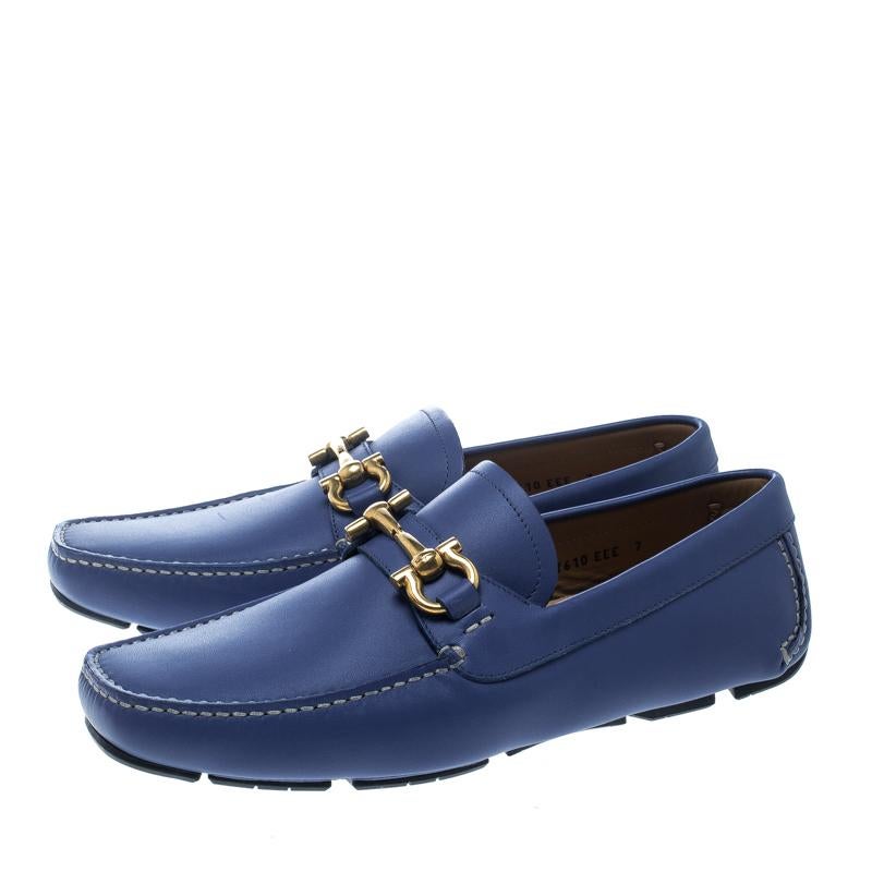 Salvatore Ferragamo Blue Leather Parigi Gancini Driver Loafers Size 41 1
