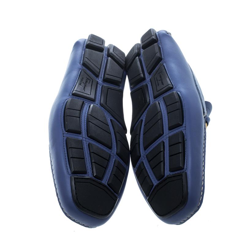 Salvatore Ferragamo Blue Leather Parigi Gancini Driver Loafers Size 41 2