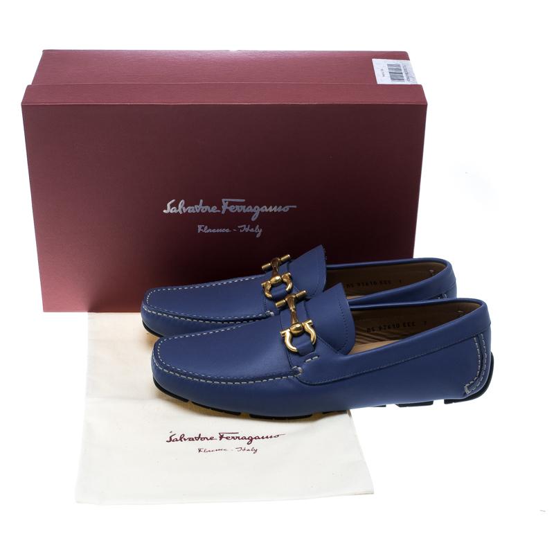 Salvatore Ferragamo Blue Leather Parigi Gancini Driver Loafers Size 41 4