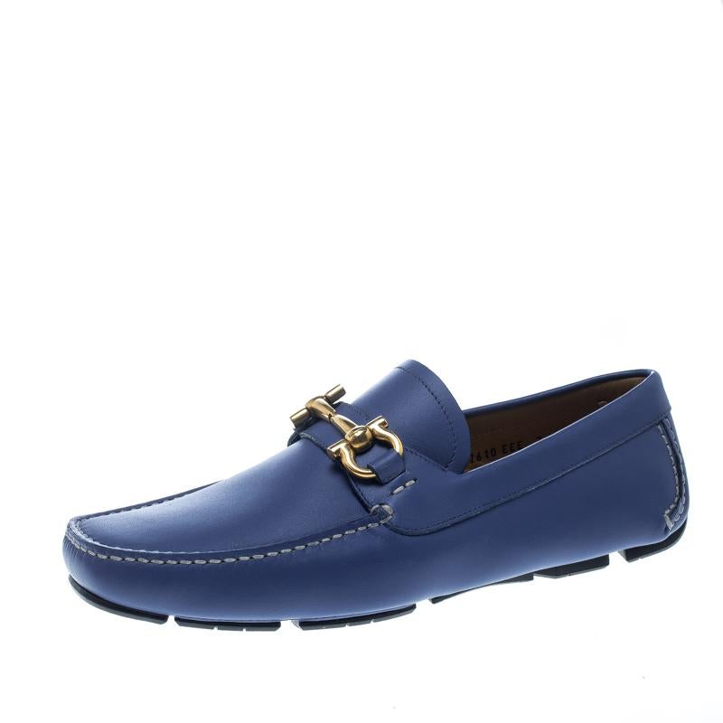 Salvatore Ferragamo Blue Leather Parigi Gancini Driver Loafers Size 41
