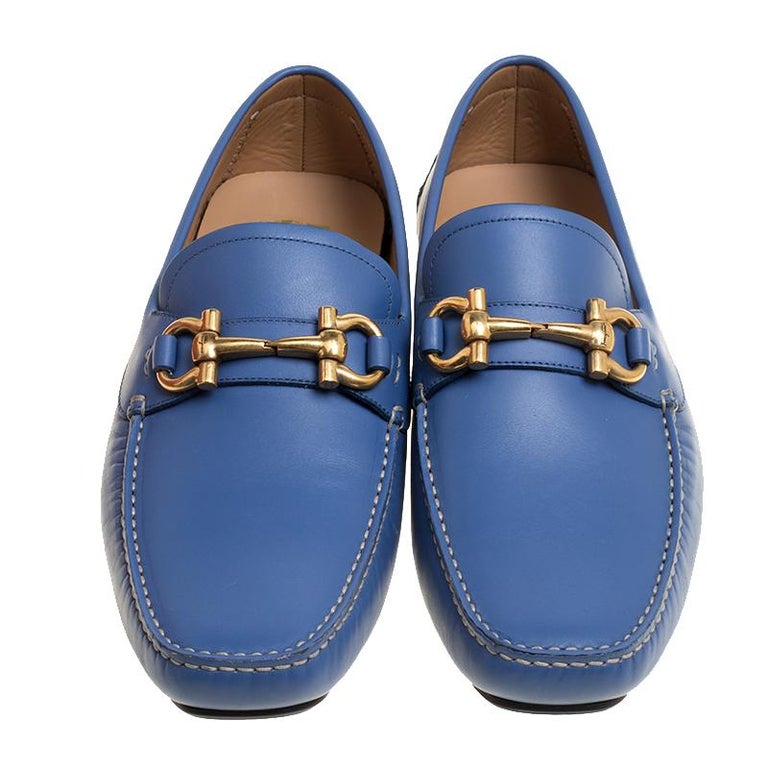 Salvatore Ferragamo Blue Leather Parigi Gancini Driver Loafers Size 44 ...
