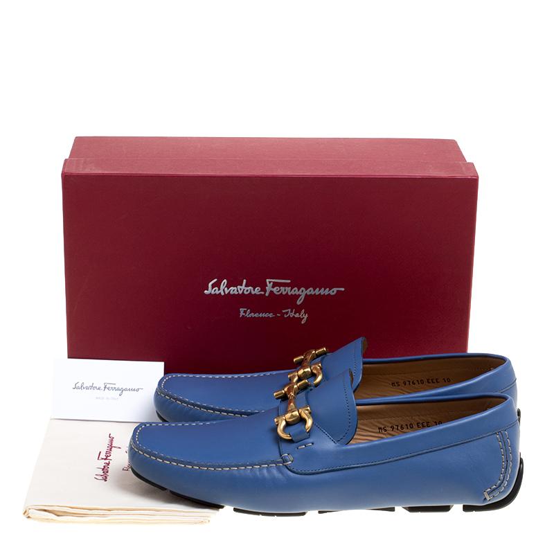 Salvatore Ferragamo Blue Leather Parigi Gancini Driver Loafers Size 44 1