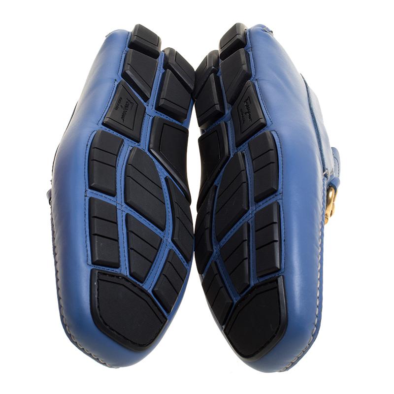 Salvatore Ferragamo Blue Leather Parigi Gancini Driver Loafers Size 44 4