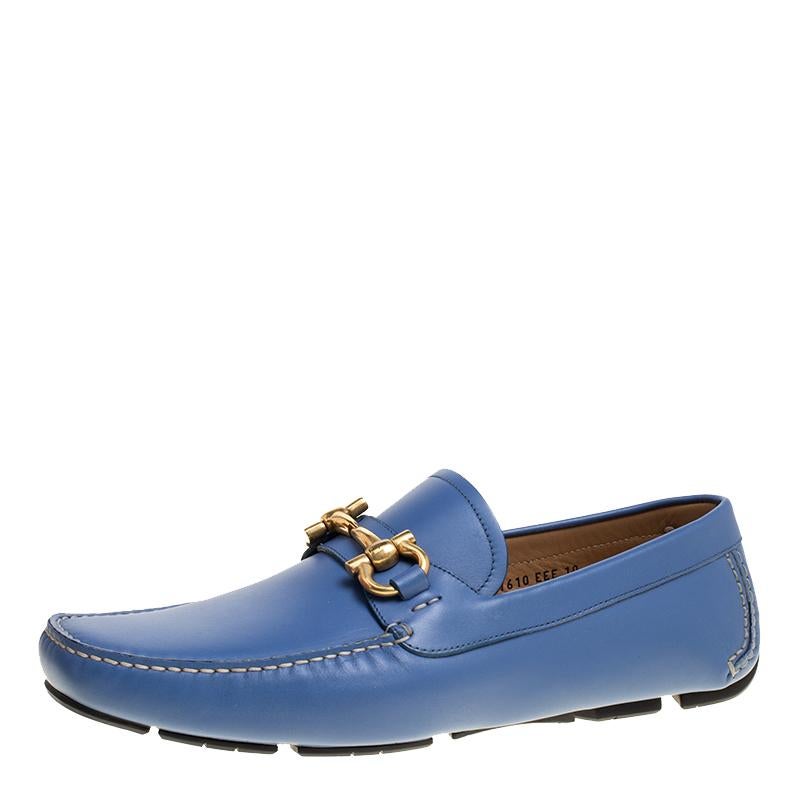 Salvatore Ferragamo Blue Leather Parigi Gancini Driver Loafers Size 44