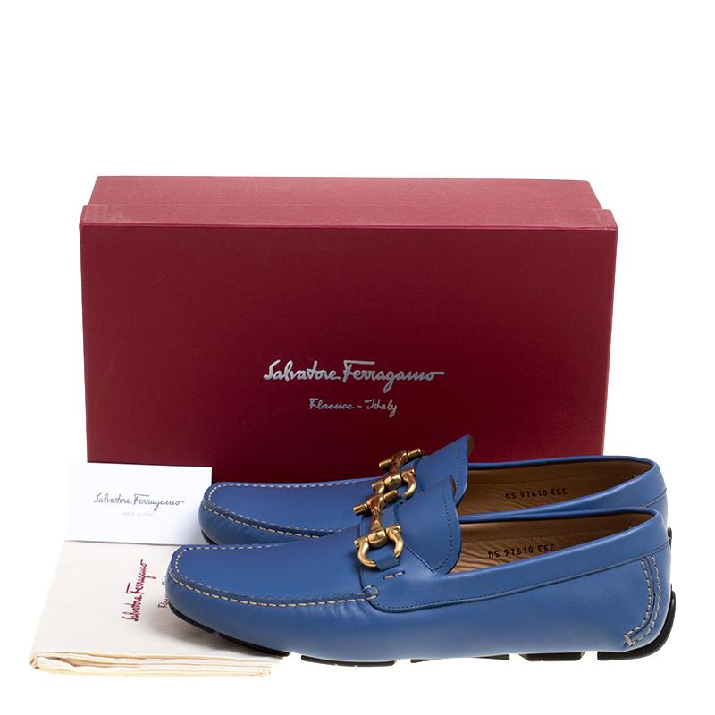 Men's Salvatore Ferragamo Blue Leather Parigi Gancini Driver Loafers Size 44.5