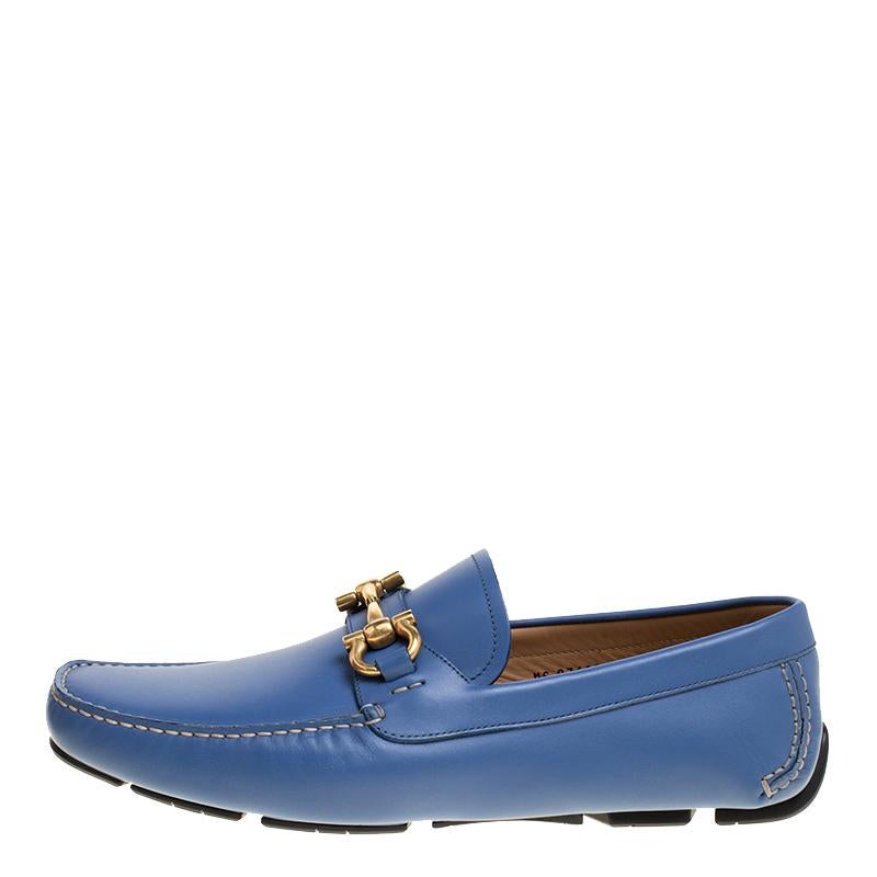 Salvatore Ferragamo Blue Leather Parigi Gancini Driver Loafers Size 44.5 1