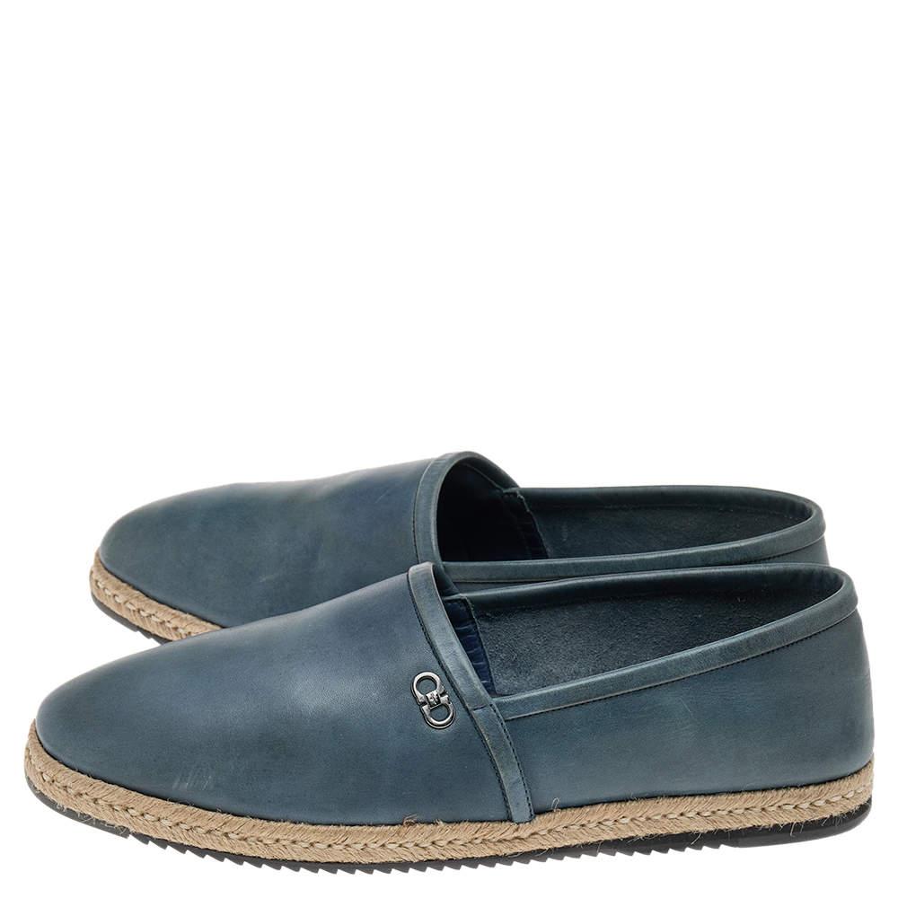 Gray Salvatore Ferragamo Blue Leather Slip on Espadrilles Size 43 For Sale