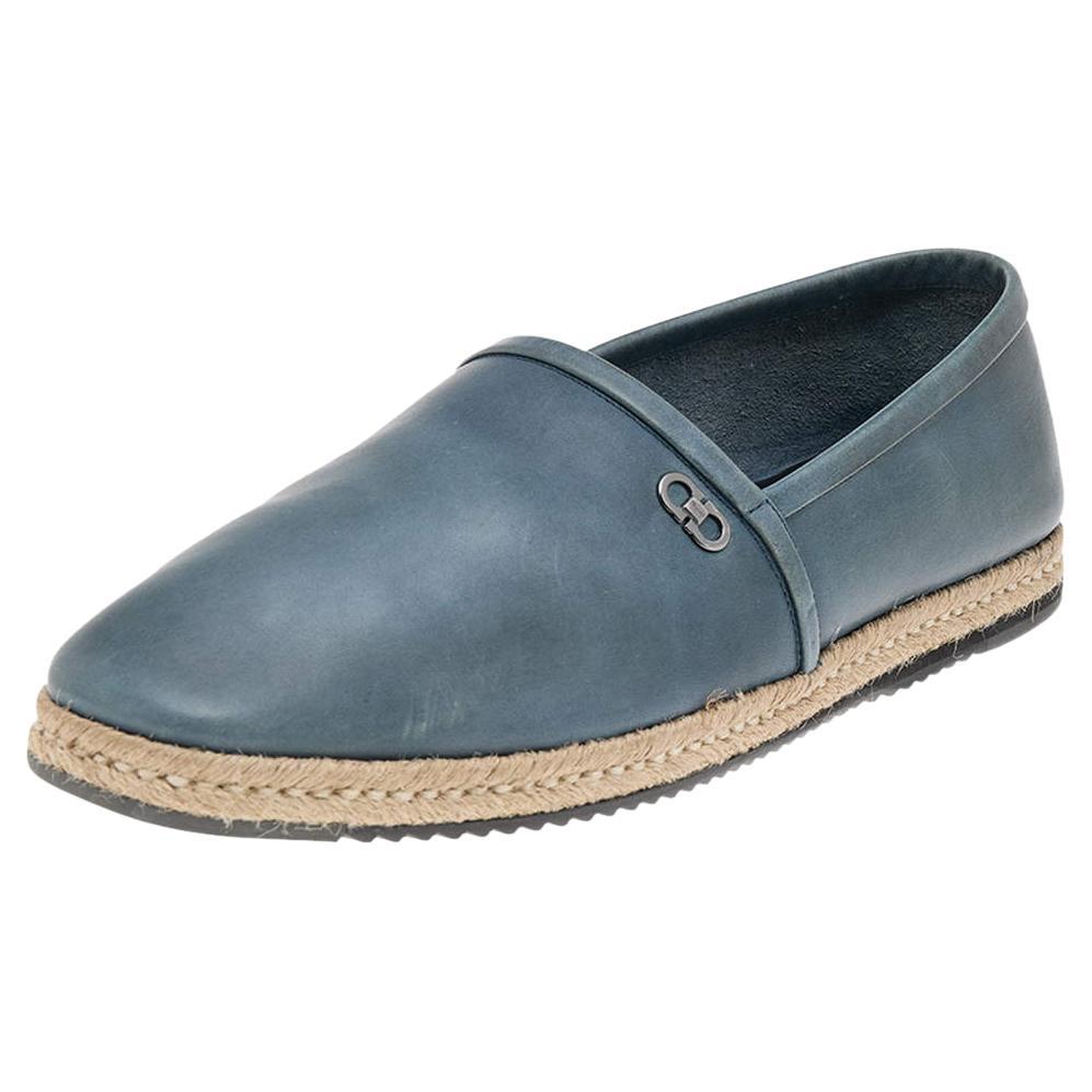 Salvatore Ferragamo Blue Leather Slip on Espadrilles Size 43 For Sale