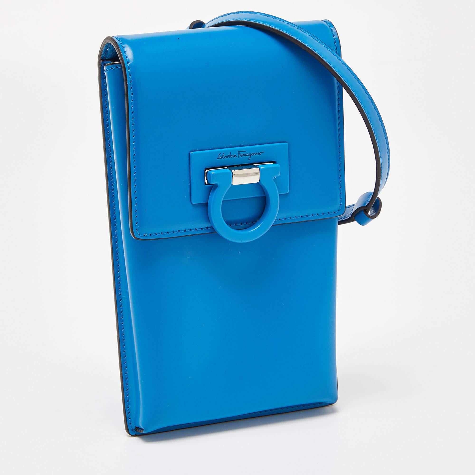Women's Salvatore Ferragamo Blue Leather Trifolio Phone Holder Crossbody Bag