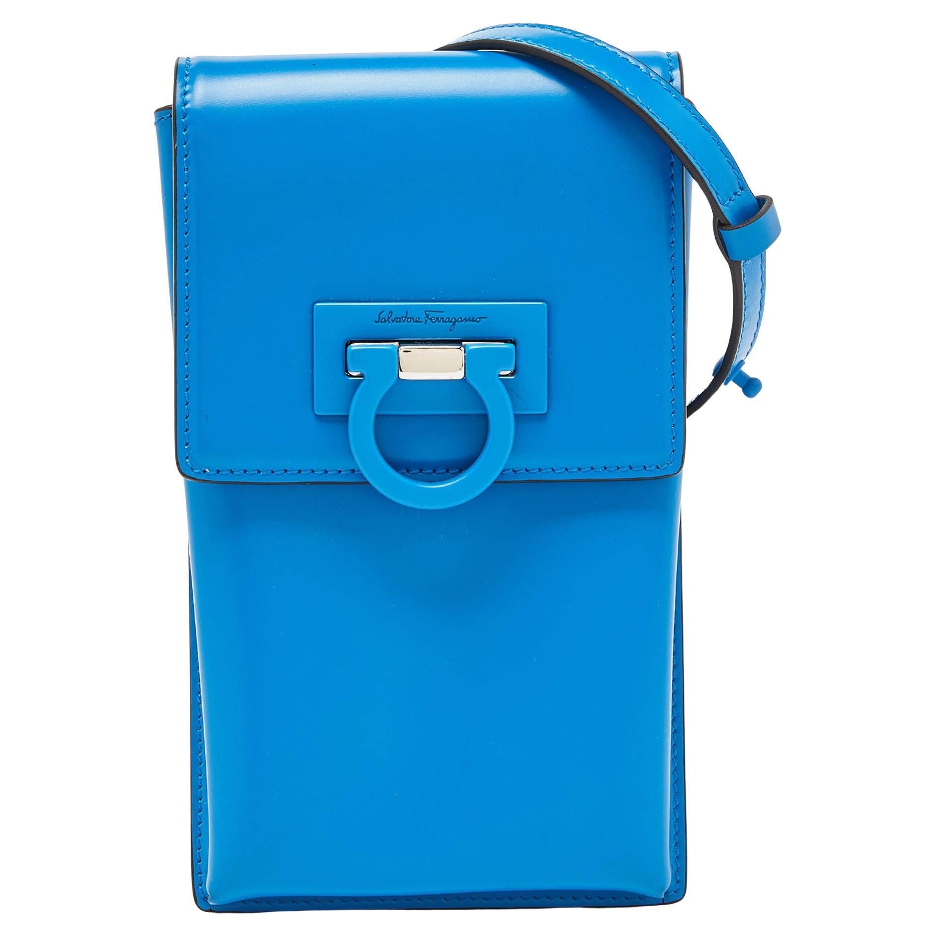 Salvatore Ferragamo Blue Leather Trifolio Phone Holder Crossbody Bag For Sale