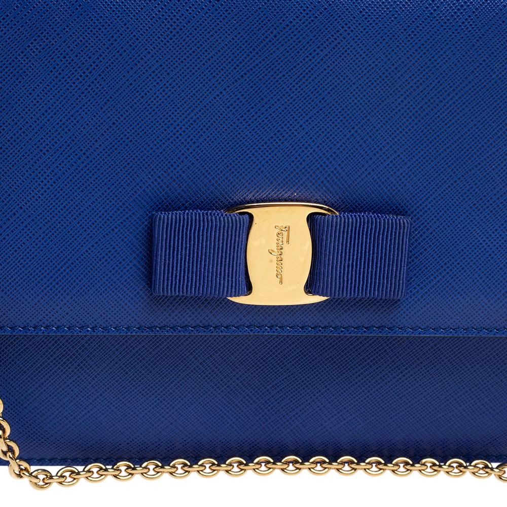 Salvatore Ferragamo Blue Leather Vara Bow Chain Shoulder Bag 3