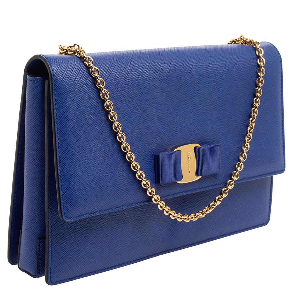 Salvatore Ferragamo Blue Leather Vara Bow Chain Shoulder Bag 1